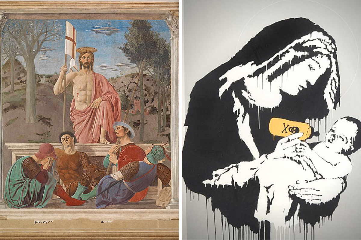 A sinistra l'affresco "La Resurrezione" di Piero della Francesca, a destra la serigrafia "Virgin Mary" (nota anche come "Toxic Mary") di Bansky
