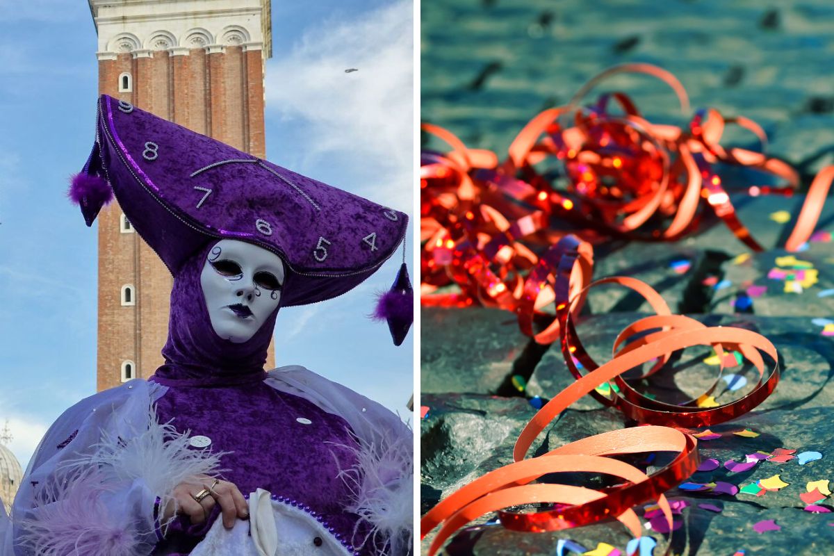 Il carnevale maschere veneziane con coriandoli e stelle filanti a