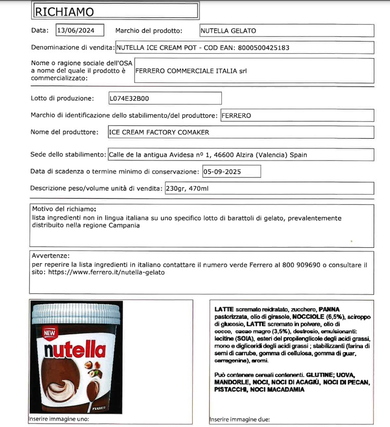 nutella ice cream allerta alimentari