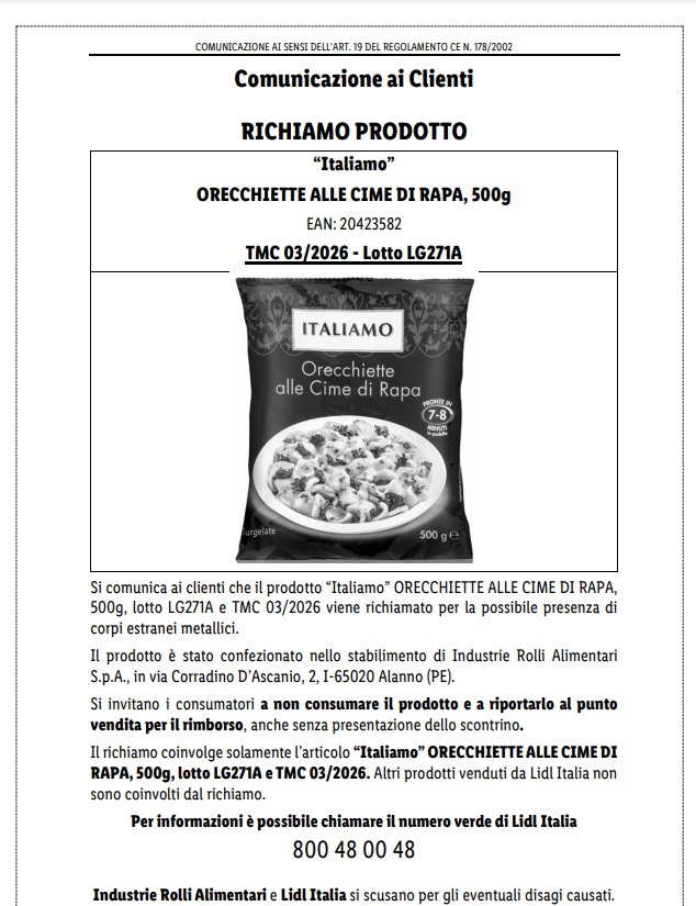 richiamo orecchiette cime di rapa lidl